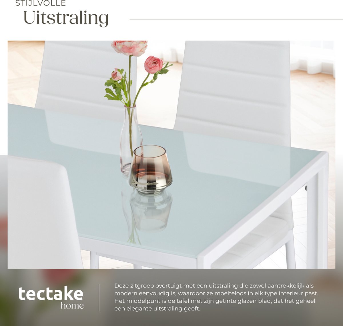 tectake® Eetkamerset met 4 Eetkamerstoelen - Eettafel met glazen blad - 120 x 70 x 75 cm - Eethoek set Tafel en Stoelen - Set van 4 Stoelen met kunstleer - Wit – foto 2