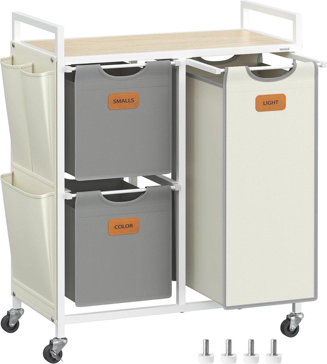 Goedkoopste FurnStar - Wasmand 3 vakken, wasverzamelaar 100 l, wassorteerder, rollen, waswagen met plank, waszak, kleine zijzakken, 6 etiketten, natuurbeige-duifgrijs-crèmewit