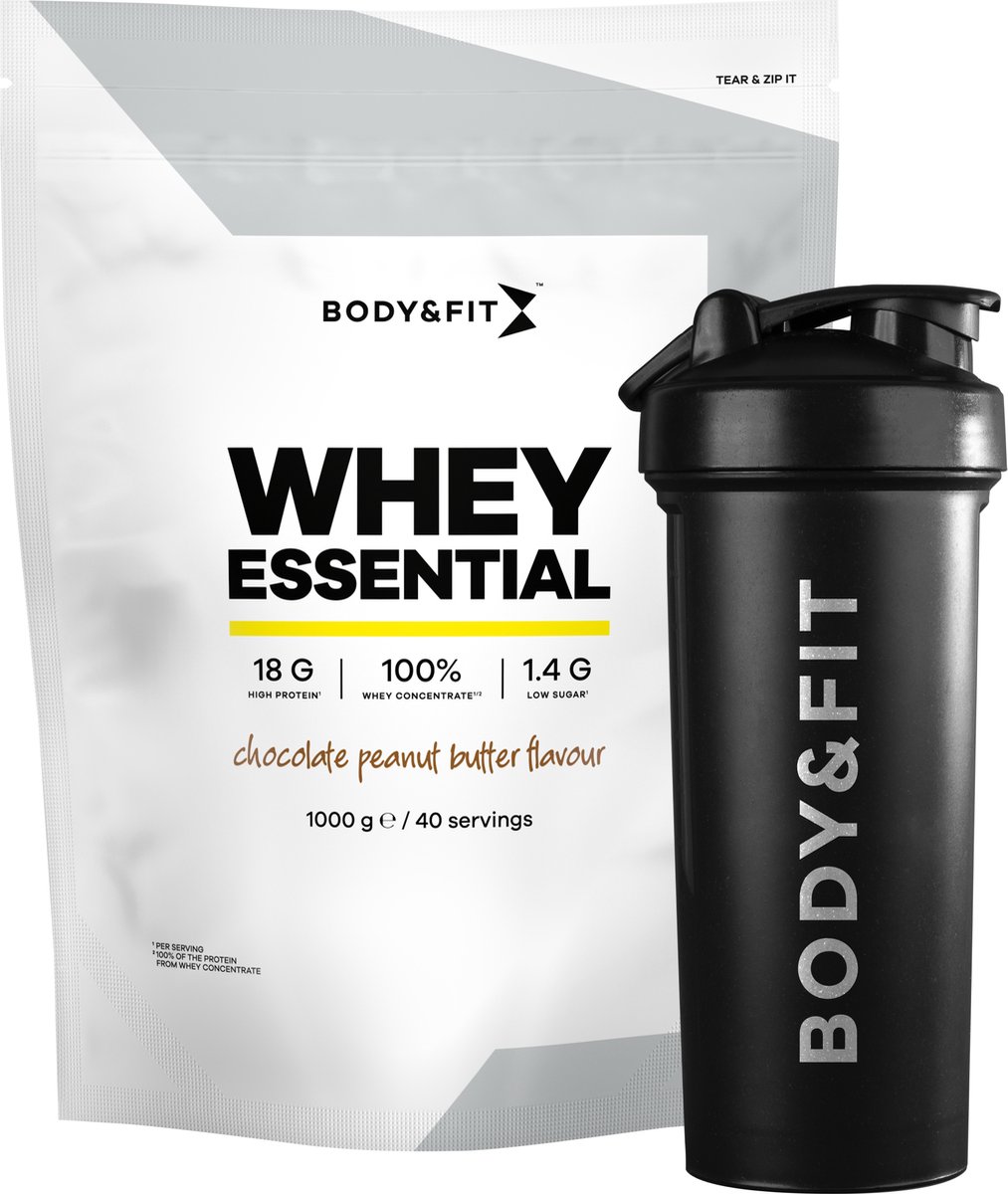 Goedkoopste Body & Fit Whey Essential Chocolade/Pindakaas 1000 gram - Whey Protein - Proteine poeder Essential Shaker 700 ml