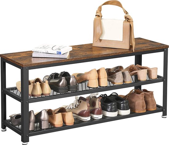 MAZAZU - Schoenenbank - XL - Schoenenrek - Schoenenkast - Opbergrek - 100x30x45 - Hout - Metaal - Industrieel