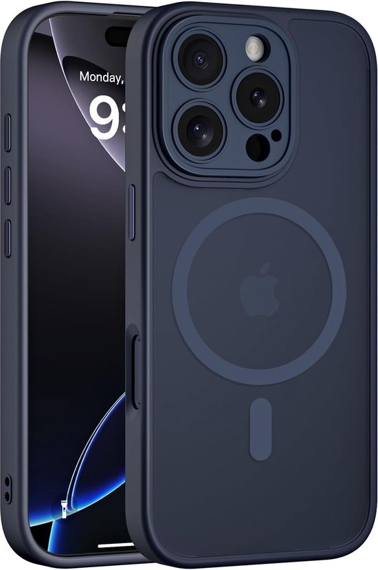 Casemania Hoesje Geschikt voor Apple iPhone 16 Pro Max - Donker Blauw - Matte Armor Back Cover met Camera Bescherming - Geschikt voor MagSafe
