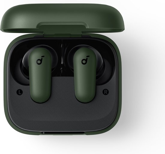 Open groene oplaadcase met twee groene oordopjes erin.