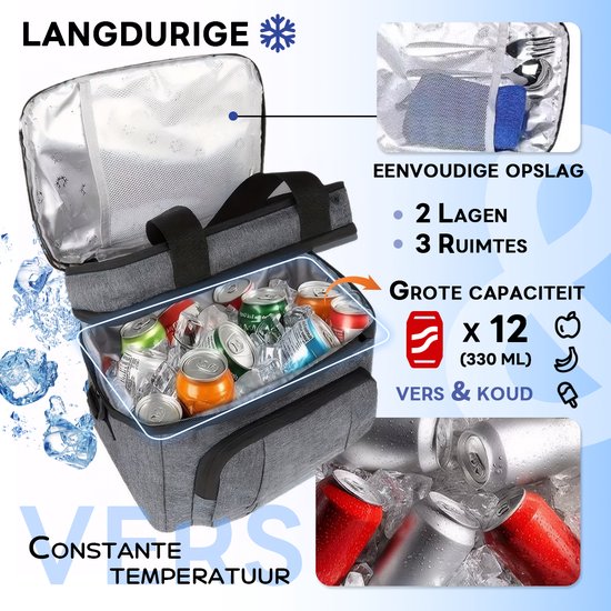 Geïsoleerde Grote Koeltas - Lunchtas Dubbellaagse Opslag - 12 L Picknicktas - Slijtvast 600D Oxford Materiaal - Warmte / Koude Retentie 12 uur - Lekvrij / Waterdicht / Stofdicht - Drank, moedermelk, lunch, fruit Bewaren - Grijs — afbeelding 2