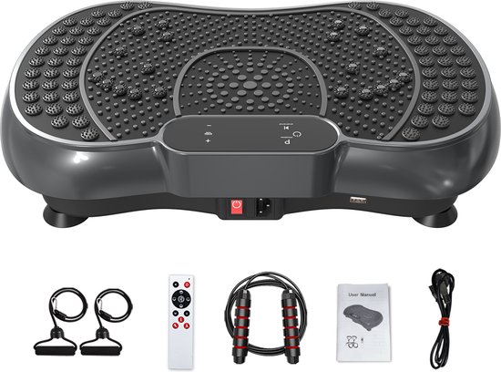 Trilplaat met stille motor + Bluetooth - 99 trilniveaus + 15 trainingsprogramma's - met afstandsbediening - antislip - full body workout, vet verliezen - incl. trainingsbanden - Zwart