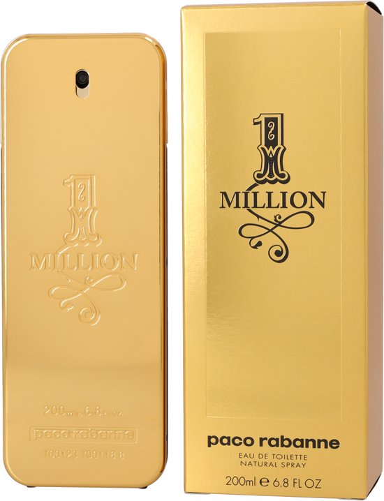 Gouden parfumflesje en doosje met '1 Million' en 'paco rabanne' logo's.