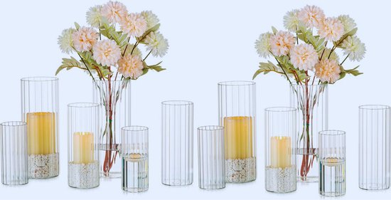 Set Van 12 Geribbelde Zuil Kaarshouders - Chique Glazen Drijvende Kaarshouders Voor Kerst & Woonkamer Decoratie