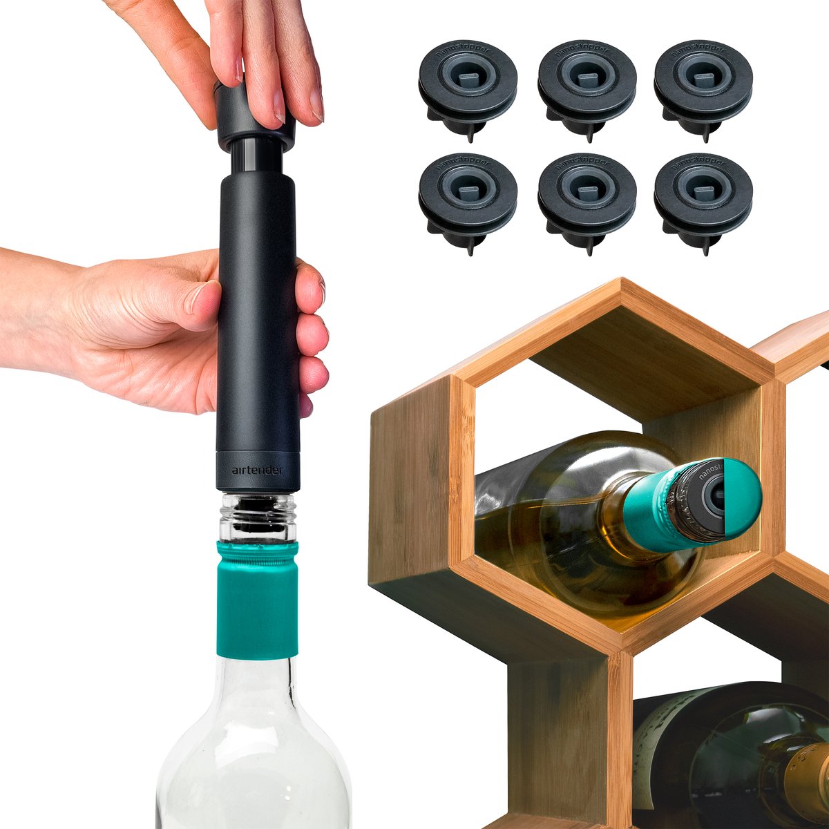 Airtender Wine Saver - incl. 6x Wijnstoppers in Bewaarclip - Wijn Vacumeren - Liggend Lekvrij opslaan - BPA BPS vrij - 5 jaar garantie