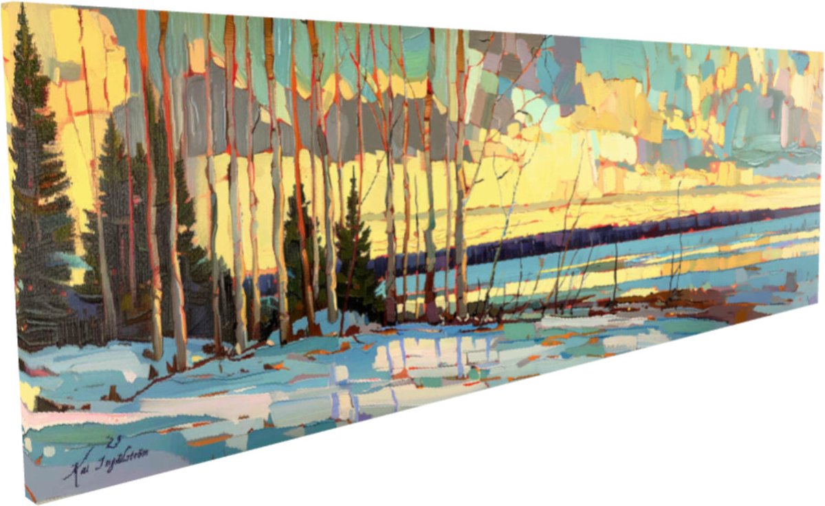 Kai Ingåilström - Impressionisme Sneeuw Bomen & Bossen Meer of Rivier Noorderlicht Kerst Landschap in het Noorden Schilderij No. 54 - Fine Art Print op Canvas 90x30 cm