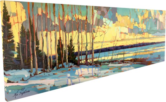 Kai Ingåilström - Impressionnisme Arbres enneigés et Forêts Lac ou rivière Aurores boréales Paysage de Noël dans le Nord Peinture No 54 - Tirage Fine Art sur toile 90x30 cm