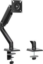 Zwarte SENSE7 monitorbeugel met arm en klemvoet, met twee montageopties.
