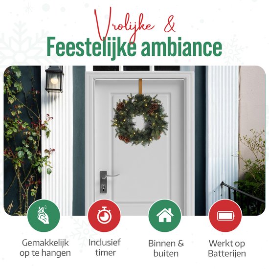 Meisterhome Kerstkrans van 50 cm - Inclusief Ophangbeugel en 35 Warmwitte LED's - Timer - Dennenappels - Kerstkrans met verlichting