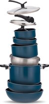 Ensemble de poêles à induction BluMill Kelton 16 pièces - Adapté à toutes sources de chaleur - Revêtement antiadhésif - Sans PFAS - Empilable - Poignées amovibles - Peu encombrant