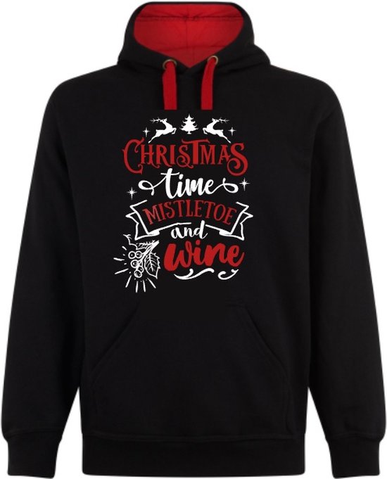 Kerst hoodie-maat L-Christmas Time en Wine in Zwart/Rood