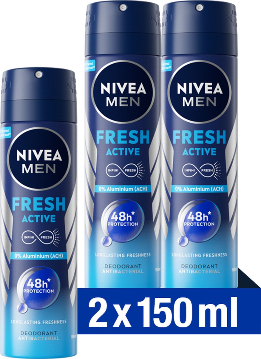 Goedkoopste NIVEA MEN Fresh Active Deodorant Spray - Anti-Transpirant - Deo Beschermt 48 uur lang - Aluminiumvrij en alcoholvrij - 2 x 150 ml - Voordeelverpakking