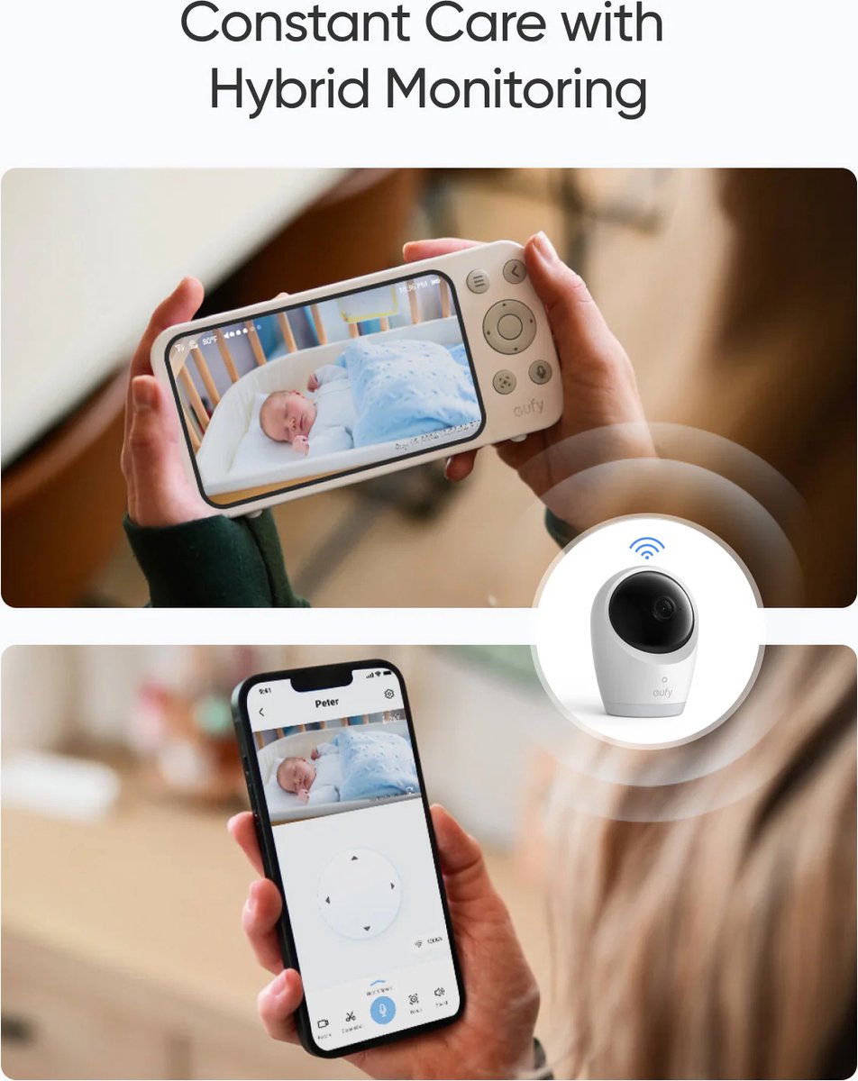 Afbeelding 3 van eufy Baby E21 Babyfoon – Baby Monitor – 4K Camera – Hybride Wi-Fi – App- en Monitorbediening – Ultrahelder Nachtzicht – Pan-Tilt – 8× Zoom – Draagbare Camera met Ingebouwde Batterij – ANR – Slimme Waarschuwingen