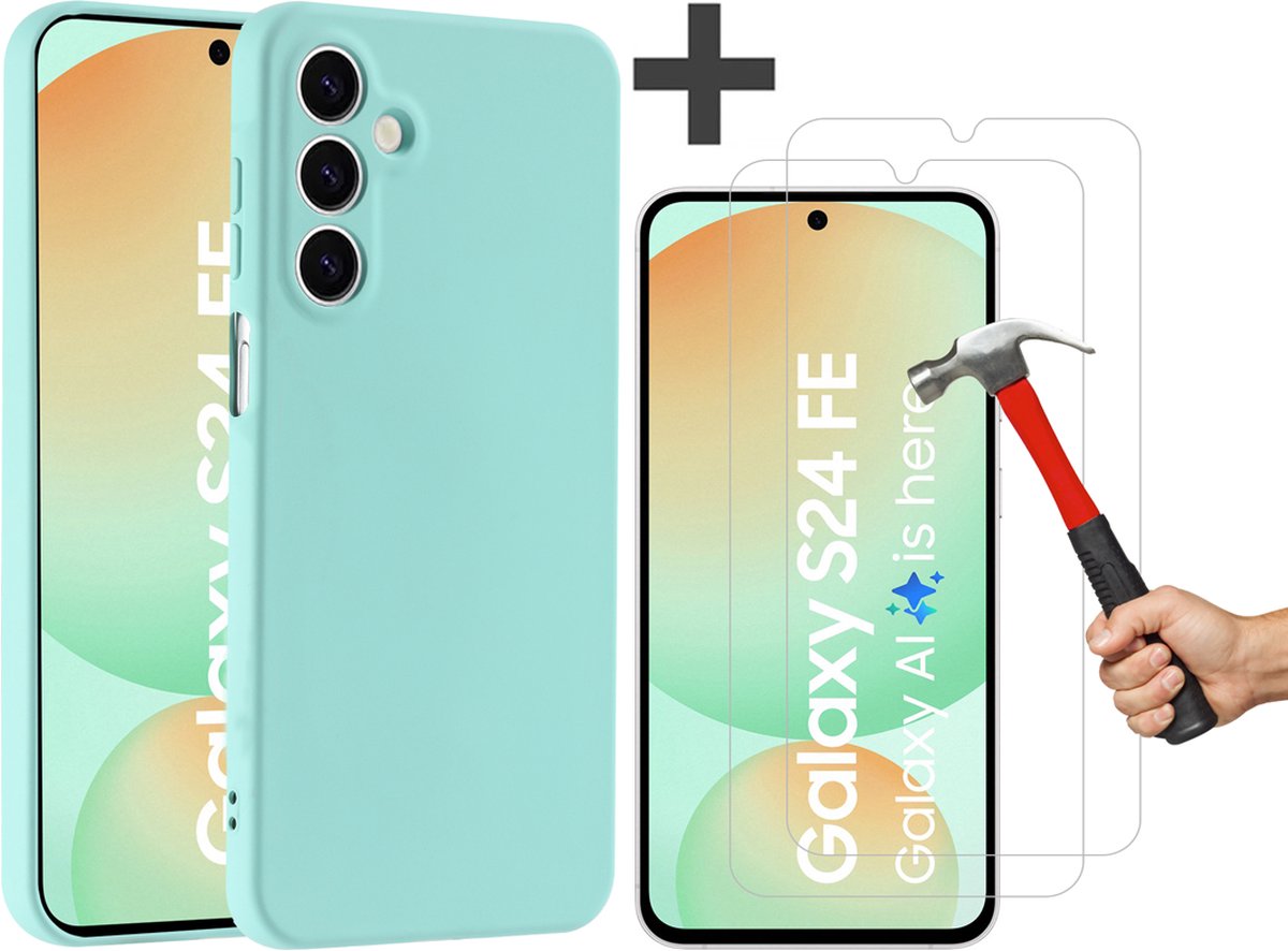 Hoesje geschikt voor Samsung Galaxy S24 FE hoesje zacht siliconen met 2 Stuks gehard glas Screenprotectors- Arara backcover - Mint Groen