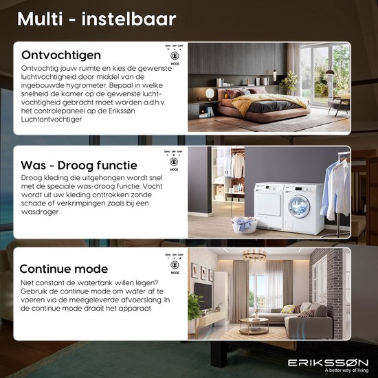 Erikssøn Luchtontvochtiger Dry Pro Plus - Ontvochtigt Tot 16 Liter Per Dag - Was-droog Functie - Geschikt Voor Huis, Slaapkamer , Badkamer , Woonkamer En Kelder - Dehumidifier - vochtvreters voor in huis - Wit