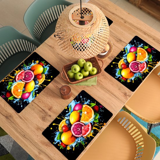 Sets de table - 6 pièces - 45x30 cm - Set de table en plastique - Fruit - Graffiti - coloré - orange - fraise - abstrait - Dessous de plat - Décoration de table - Accessoires de décoration de table de cuisine
