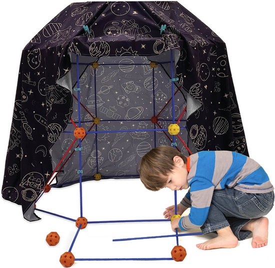 Fort bouwpakket XXL met 150 onderdelen. Incl. 2 kleden, 60 stokken en 30 diagonalen. Speeltent voor binnen en buiten - Compleet bouwpakket kleedklemmen en opbergzak voor Hutten Bouwen een Fort Bouwen of een Tent Bouwen
