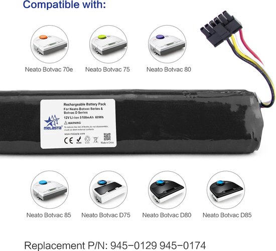 Batterie Li-ion Melasta 12 V pour Neato Botvac 70e, Neato Botvac 75, Neato Botvac 80, Neato Botvac 85, Neato Botvac D75, Neato Botvac D85, 5100 mAh