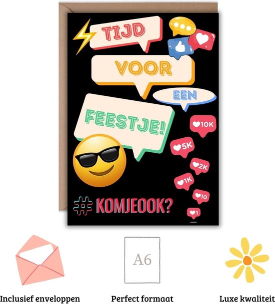 Zwarte kaart met 'Tijd voor een feestje! #Komjebijons?', inclusief enveloppen, perfect formaat A6, luxe kwaliteit.