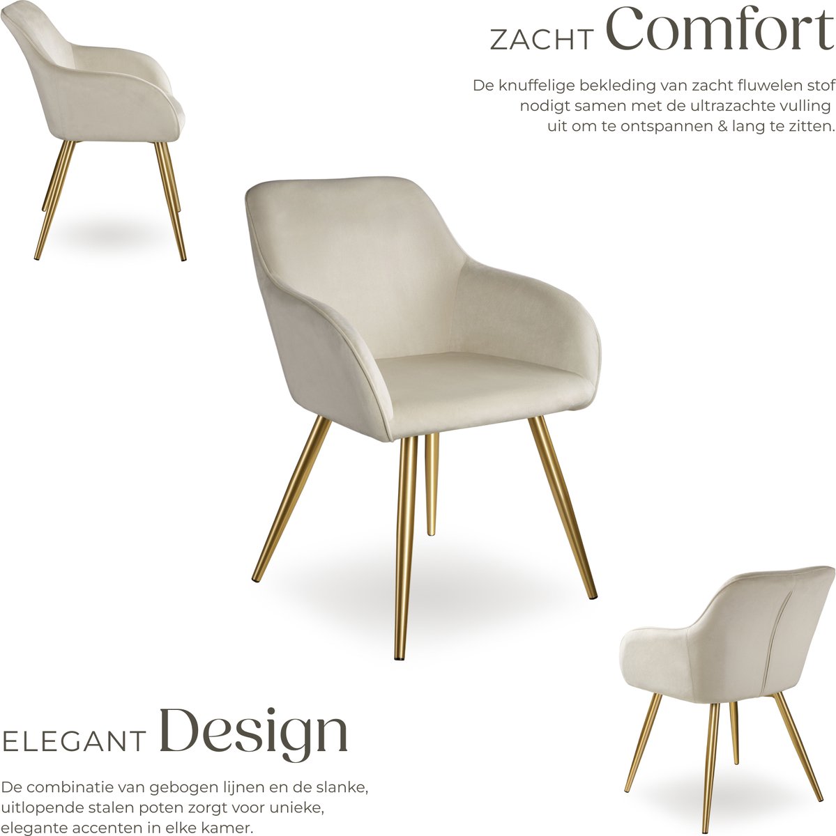 tectake® Eetkamerstoel Marilyn - Met Armleuningen - Elegante Stoel met Gevoerde Zitting in Fluweellook - Gestoffeerd - Gouden Metalen Poten - Ergonomische Keukenstoel - Stoel voor Woonkamer, Eetkamer en Slaapkamer - Creme – foto 8