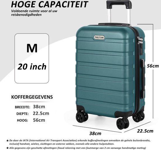 Afmetingen van een jadegroene M (20 inch) koffer: breedte 38cm, diepte 22.5cm, hoogte 56cm.