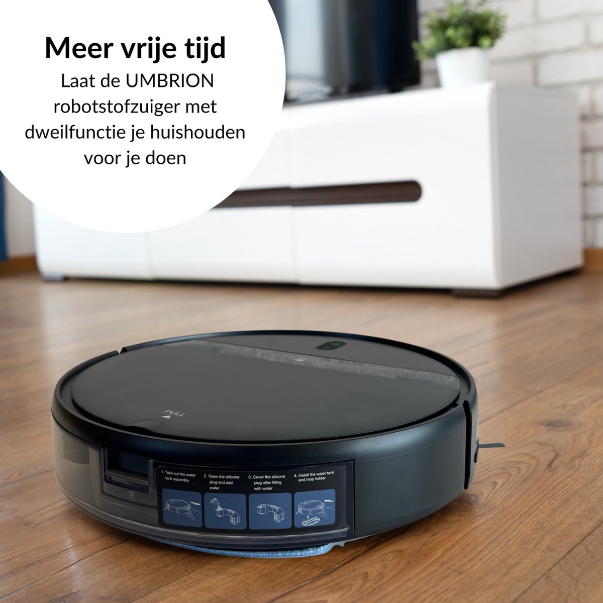 Afbeelding 2 van UMBRION Robotstofzuiger met dweilfunctie - robotstofzuiger - draadloze stofzuiger - robotstofzuiger huisdieren - robotstofzuiger met laadstation - 120 min stofzuigen - bediening via App, Afstandbediening, Google Home, Alexa - cadeau tip