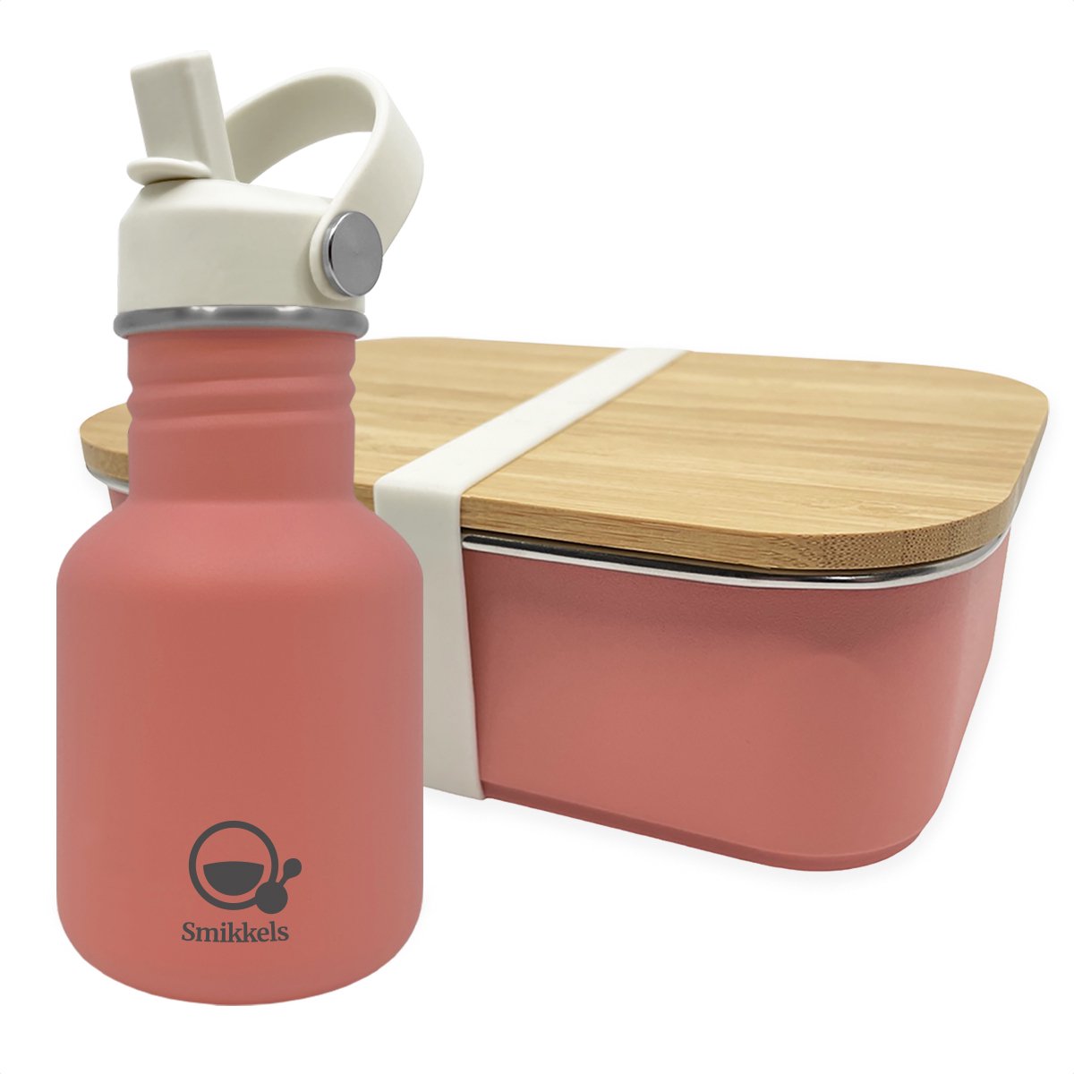Smikkels - RVS lunchbox met drinkfles kind - Roze - Met vernieuwde rietjesdop - Lunchset Broodtrommel en Schoolbeker - Basisschool