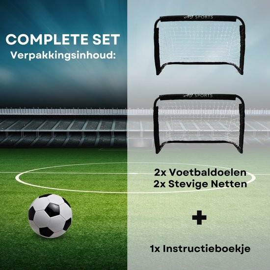 Twee zwarte voetbaldoelen met witte netten en een instructieboekje.