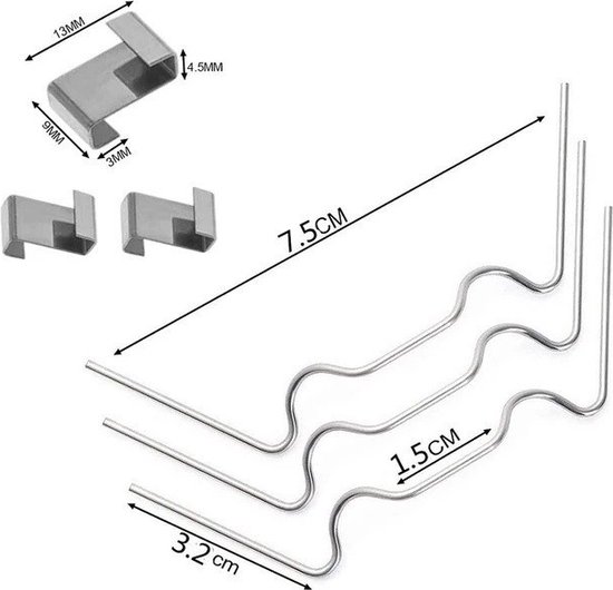 Set van zilverkleurige W-clips en Z-clips van metaal, inclusief afmetingen in cm en mm.