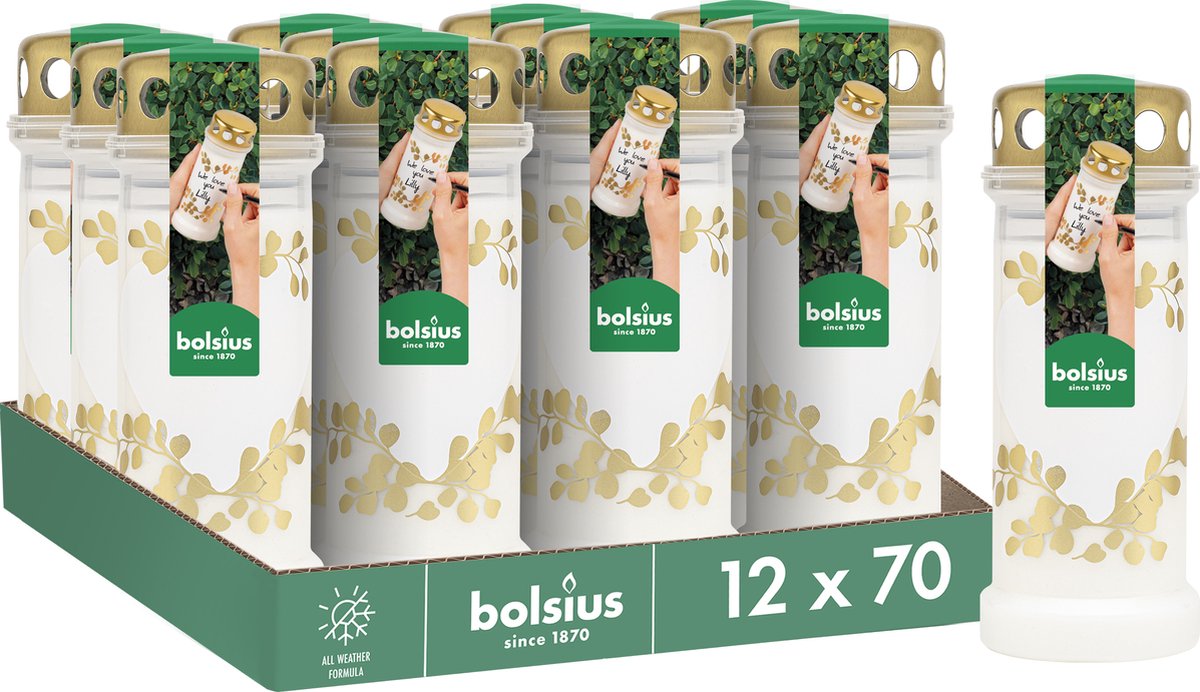Bolsius Herdenkingslicht - Wit met Gouden Hartjes Print - 12 stuks - 70 branduren - 3 Dagen Wit Hartjes