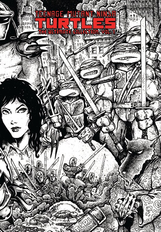 Titelblad van Teenage Mutant Ninja Turtles: The Ultimate Collection, Vol. 1 met de vier schildpadden, April O'Neil en andere personages.