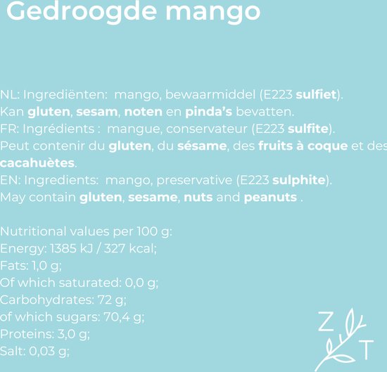 Gedroogde mango met ingrediënten en voedingswaarde-informatie.