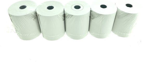 Vijf witte kassarolrollen van Exacompta, verpakt in plastic folie.