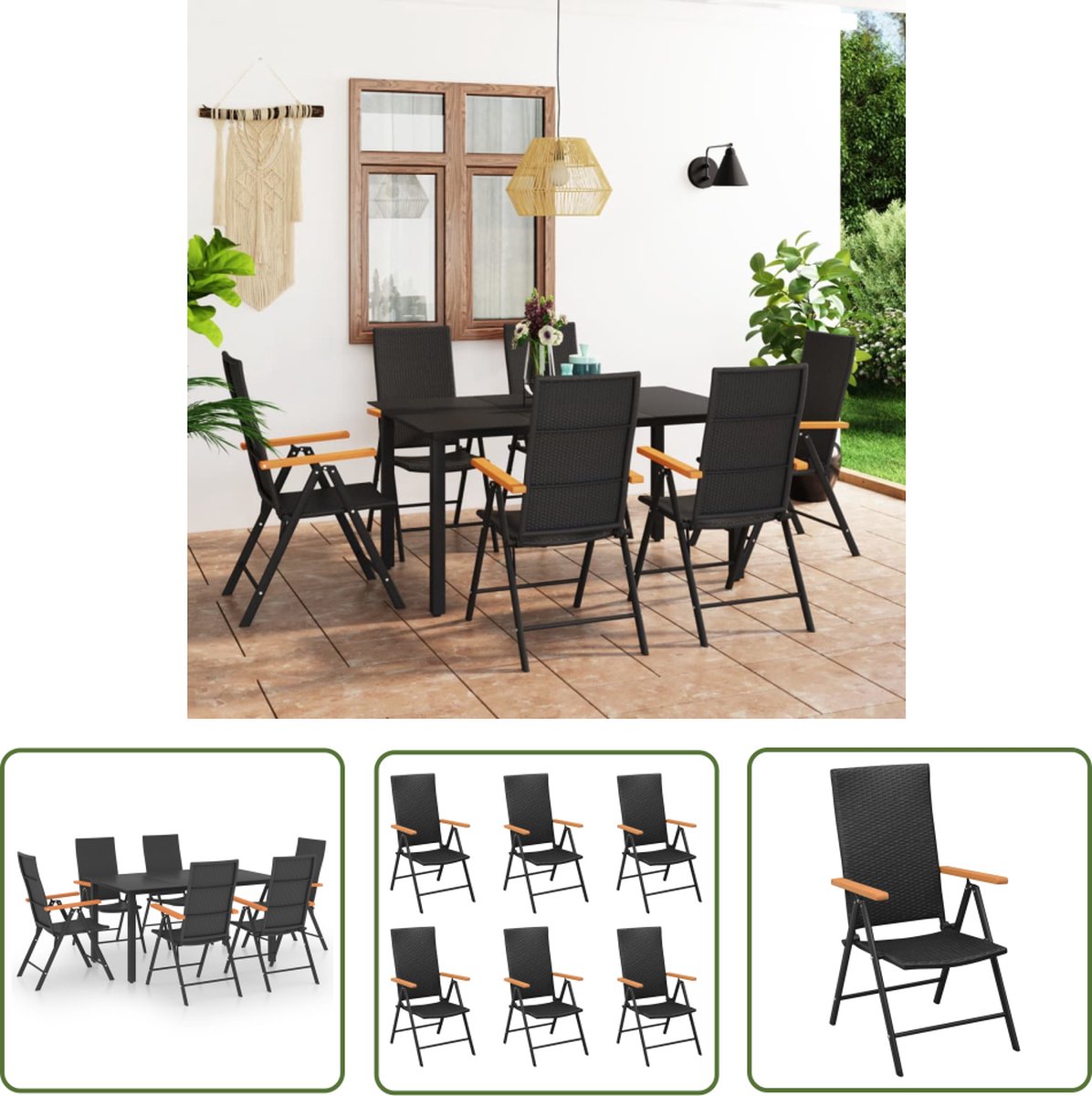 The Living Store 7-delige Tuinset zwart en bruin - Tuinmeubelset - Eetkamerset - Buitentijd - Terrassen Meubilair - Lounge Set