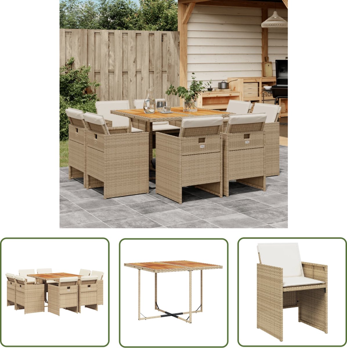 The Living Store 9-delige Tuinset met kussens poly rattan beige - Tuinsets - Buitentijd - Lounge Set - Eetkamerset - Patio Furniture