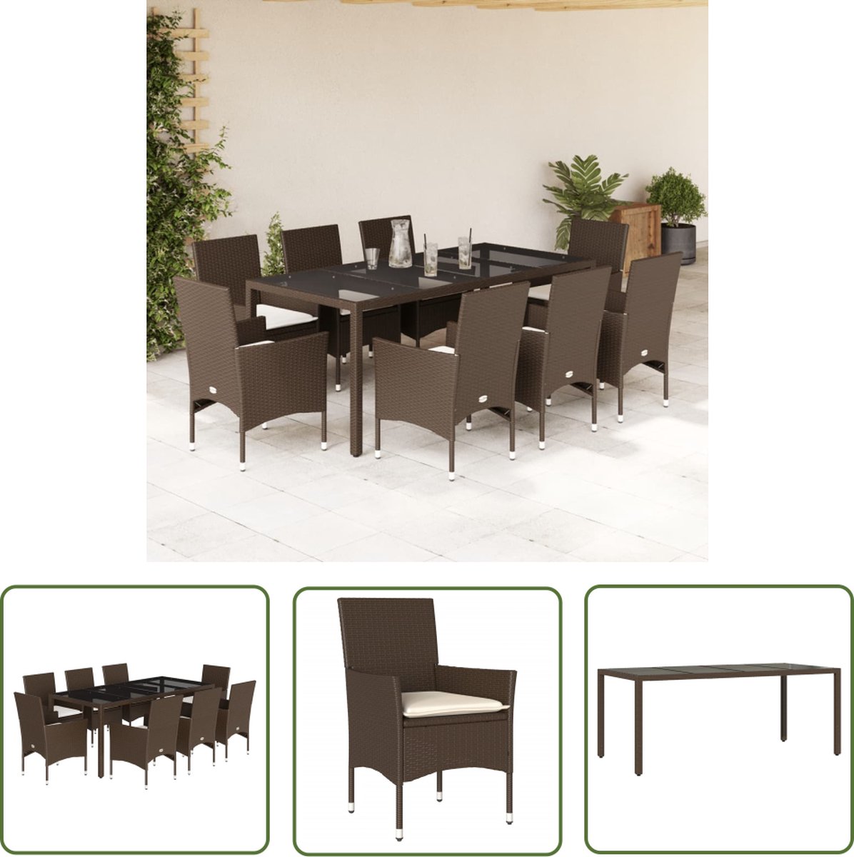 The Living Store 9-delige Tuinset met kussens poly rattan en glas bruin - Tuinset - Buis Meubel - Lounge Set - Outdoor Furniture - Eetkamerset