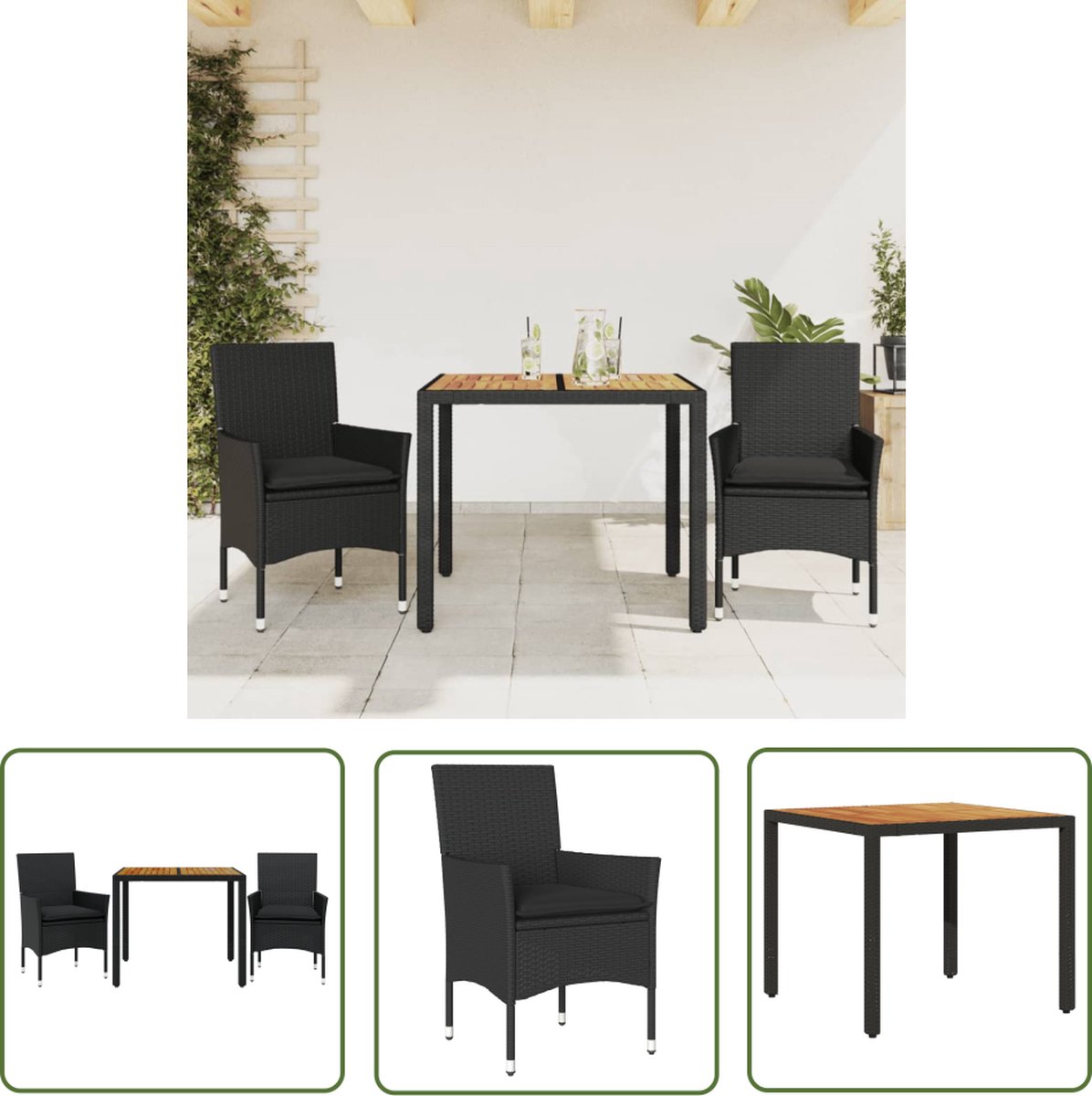 The Living Store 3-delige Tuinset met kussens poly rattan en acaciahout zwart - Tuin Set - Eetkamerset - Buitenshuis Dineren - Lounge Set - Patio Set