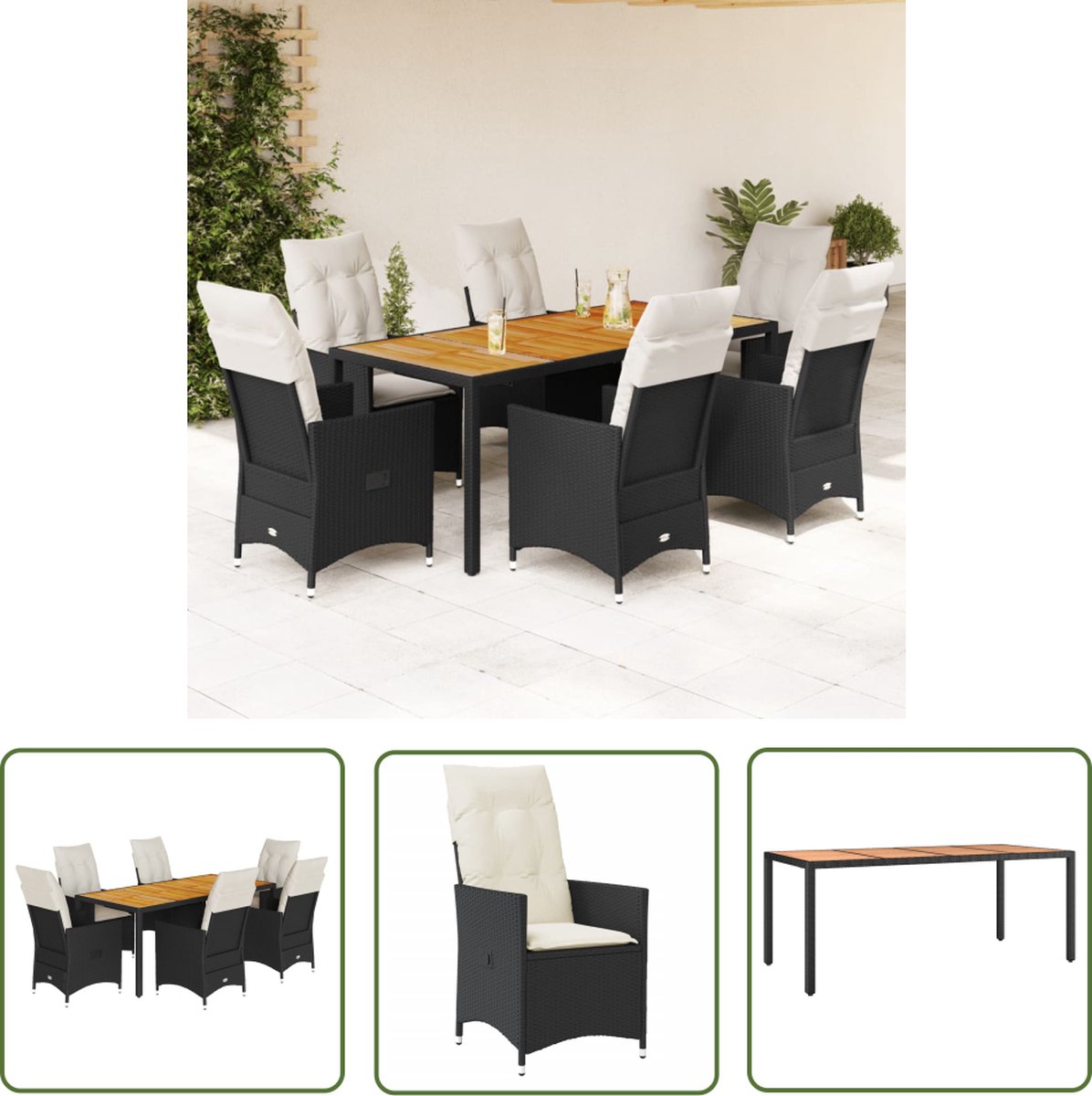 The Living Store 7-delige Tuinset met kussens poly rattan zwart - Tuinset - PE-rattan - Buitendecoratie - Lounge Set - Eetkamerset
