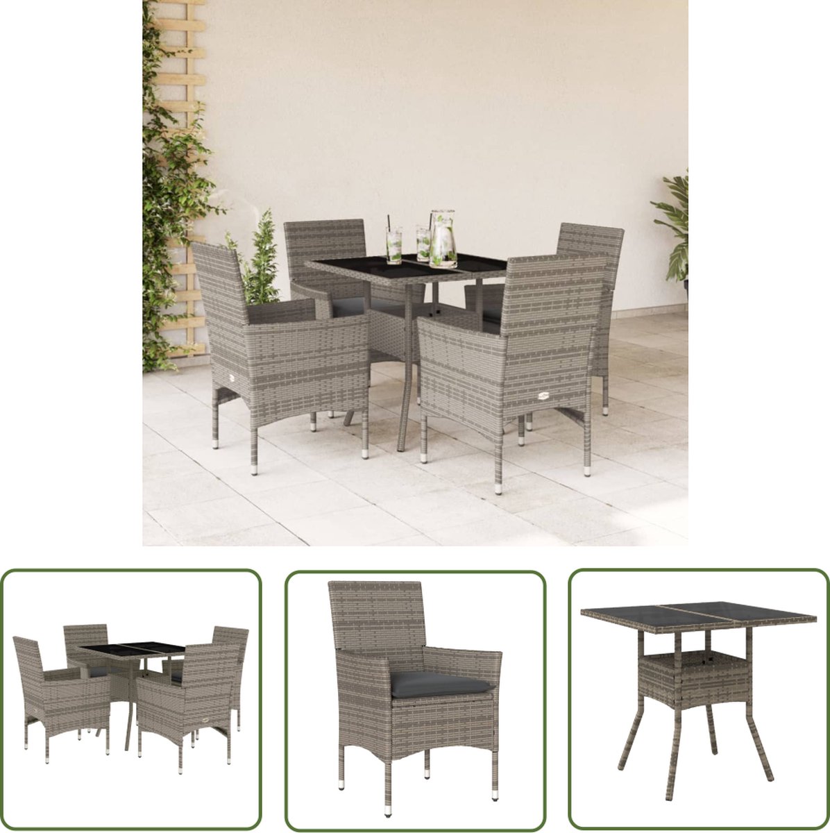 Grijze poly rattan tuinset met kussens en glazen tafel - The Living Store.
