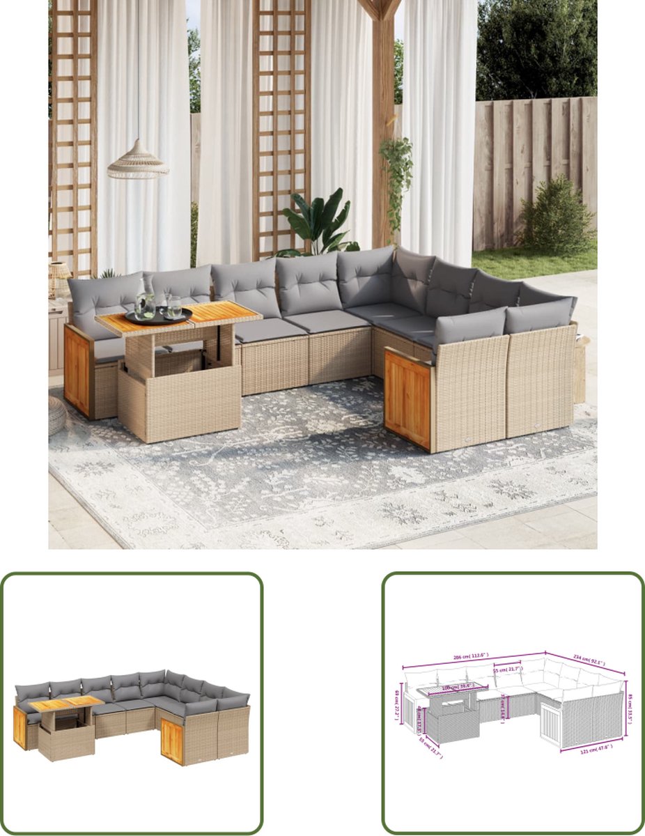 The Living Store 10-delige Loungeset met kussens poly rattan beige - Loungestoel - Lounge Set - Tuinstoel - Buitendecoratie - Tuinlounge