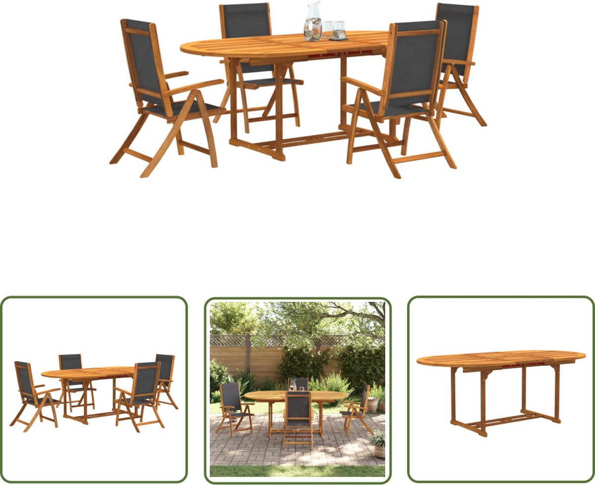 The Living Store 5-delige Tuinset massief acaciahout en textileen - Tuinmeubleset - Acacia Hout - Tuintafel - Tuinstoelen - Buitendineren