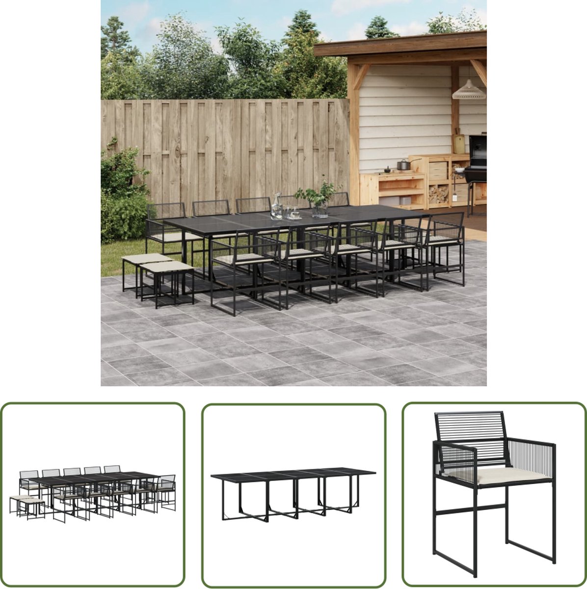 The Living Store 15-delige Tuinset met kussens poly rattan zwart - Tuinset - Poly Rattan - Zwarte Tuinset - Eetkamer Set - Buitendecoratie