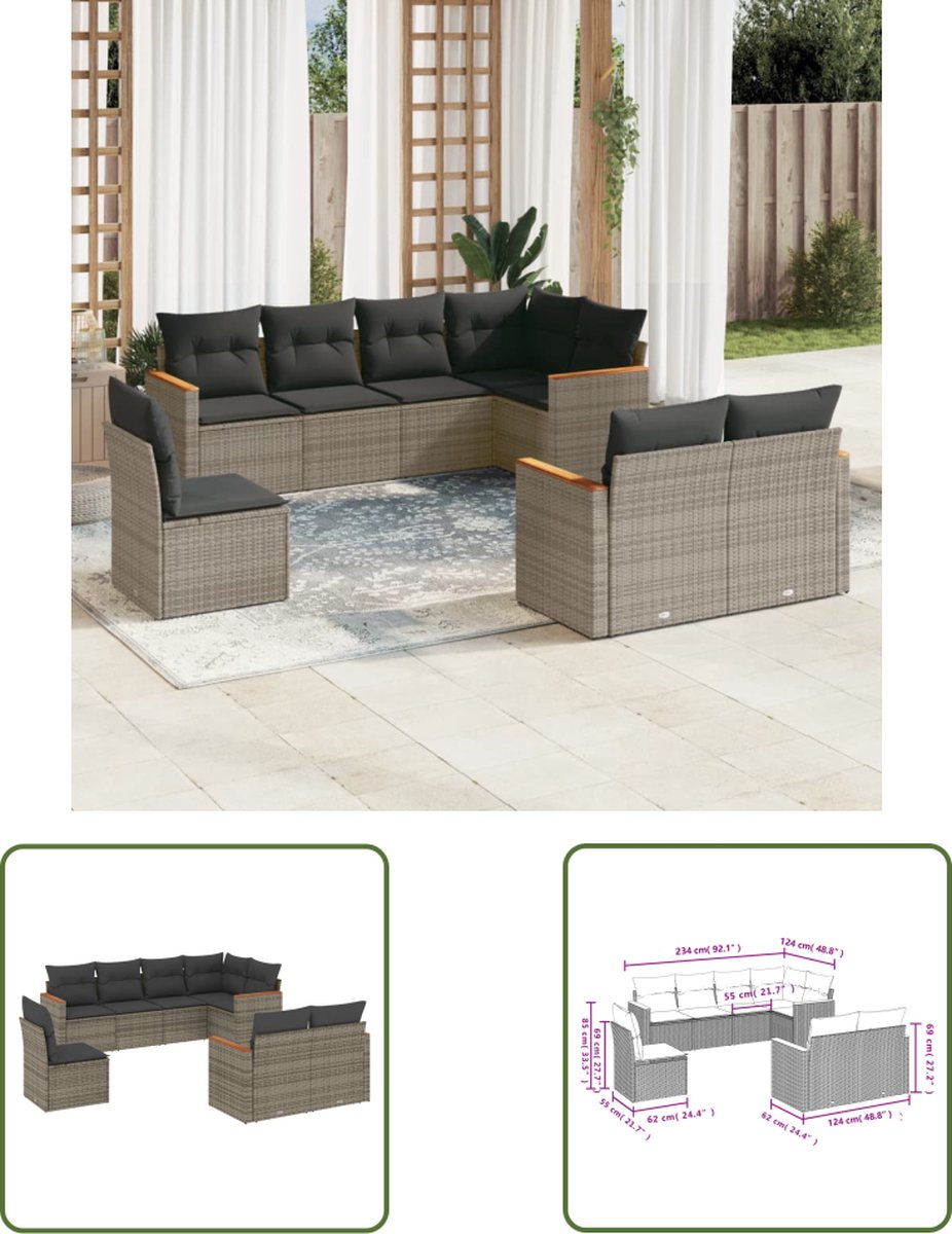 Loungeset met grijze poly rattan kussens - The Living Store.