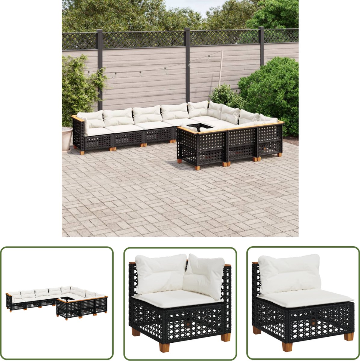 The Living Store 10-delige Loungeset met kussens poly rattan zwart - Loungeset - Tuinset - Buitendecoratie - PE-rattan - Garden Furniture