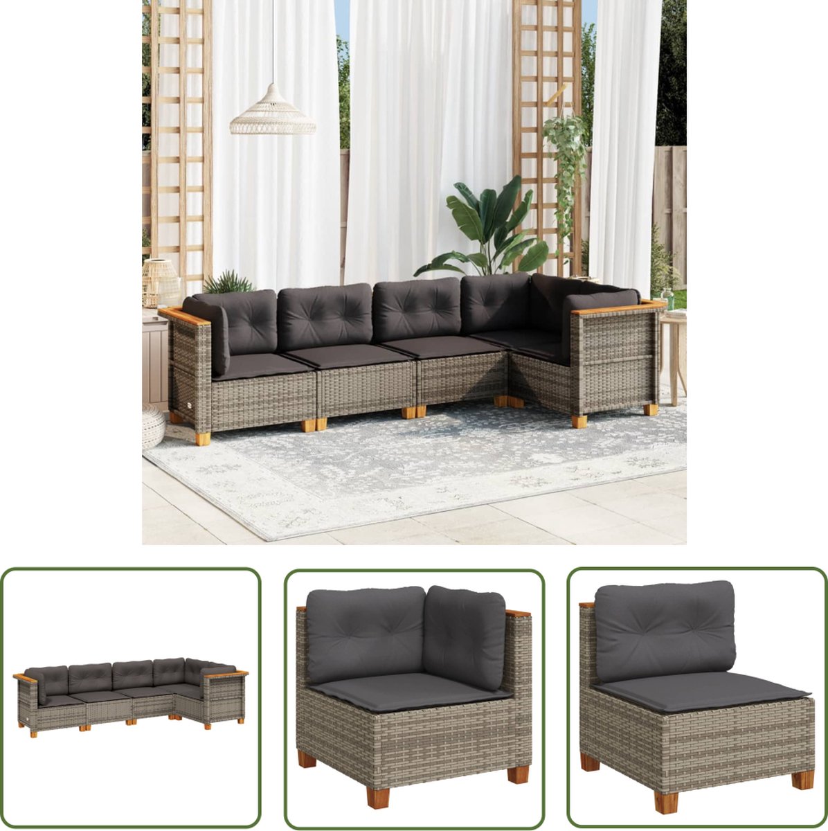 The Living Store 5-delige Loungeset in grijs poly rattan met kussens.