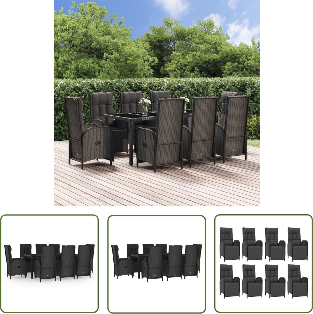 Zwarte poly rattan tuinset met 9 delen - Lounge en eetgroep.