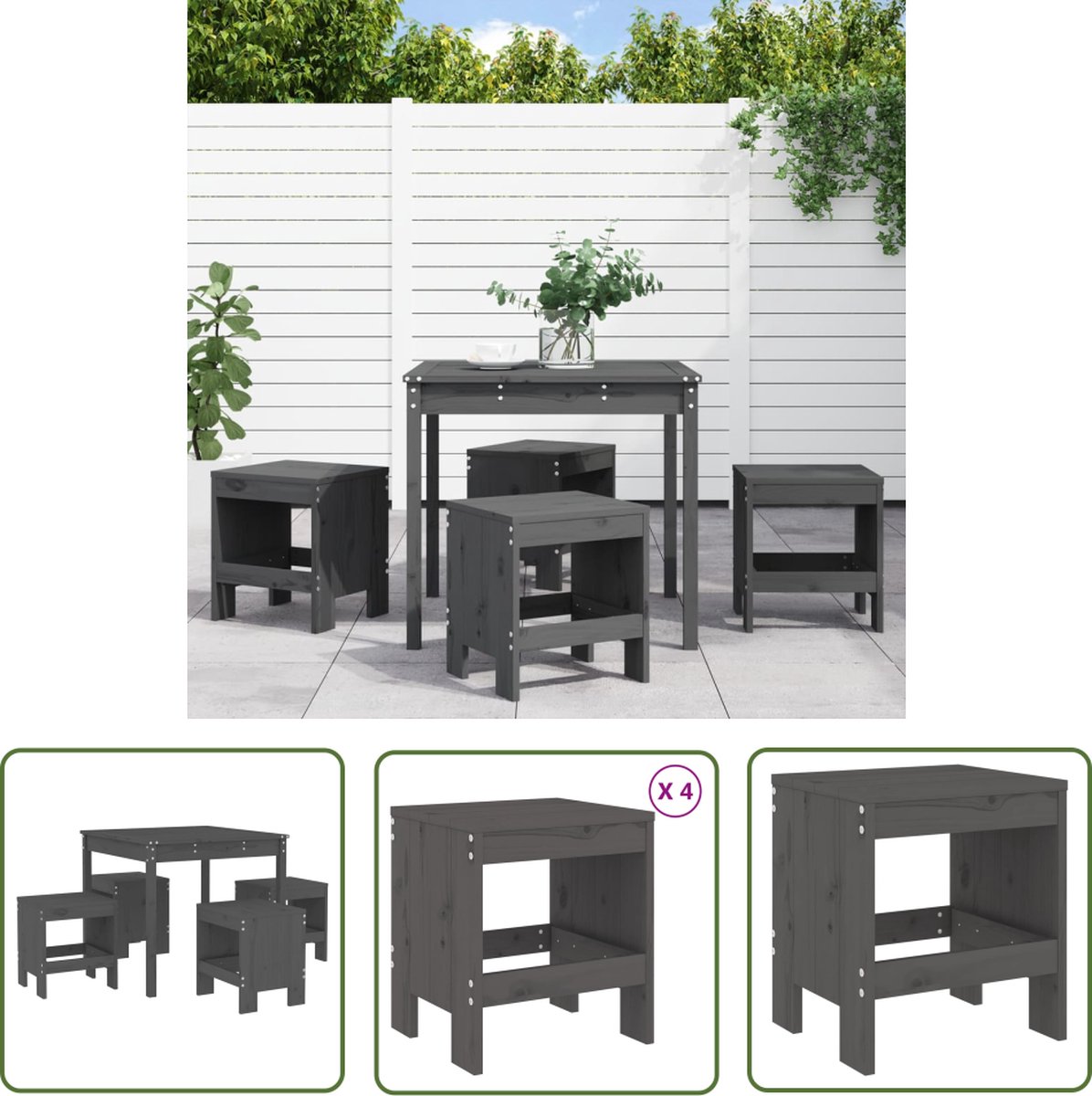Grijze massief grenenhouten tuinset met eetkamerstoelen en buitentafel.