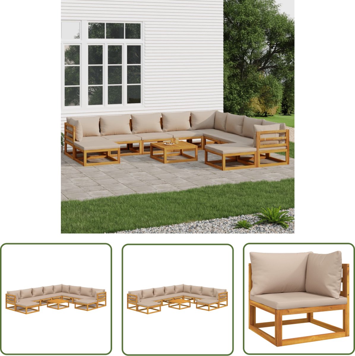 The Living Store 11-delige Loungeset met kussens massief hout taupe - Tuinsets - Acacia Hout - Lounge Set - Buitenshuis Wonen - Outdoor Furniture